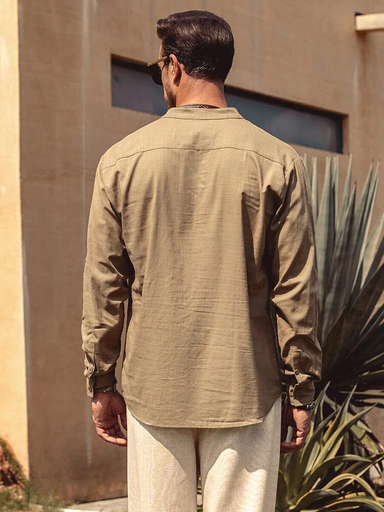 Chemise en coton et chanvre pour homme avec col montant boutonné et manches longues
