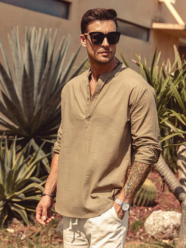 Chemise en coton et chanvre pour homme avec col montant boutonné et manches longues
