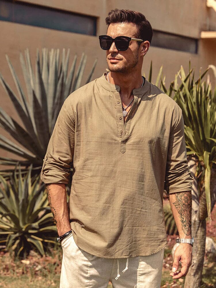 Chemise en coton et chanvre pour homme avec col montant boutonné et manches longues