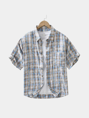 Chemise à carreaux rétro en coton pour homme, col boutonné et manches courtes