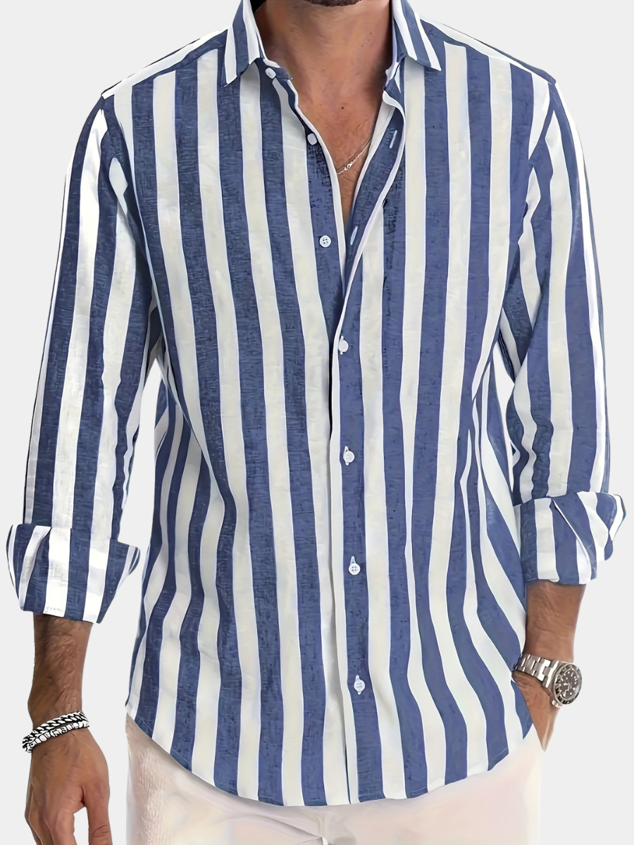 Chemise à rayures pour homme en mélange de lin et coton avec col à revers structuré