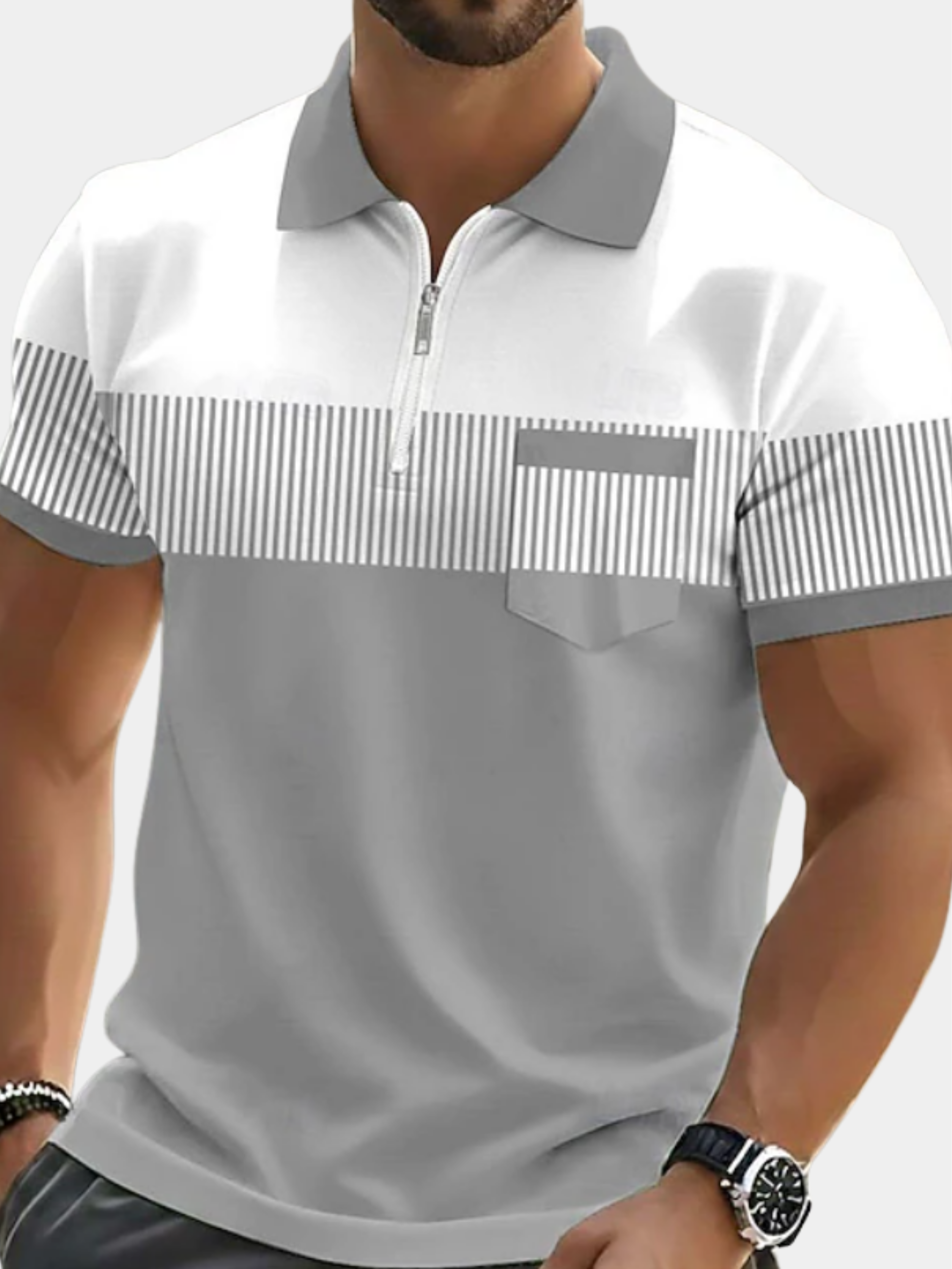 Polo homme à encolure zippée avec poche poitrine et fines rayures
