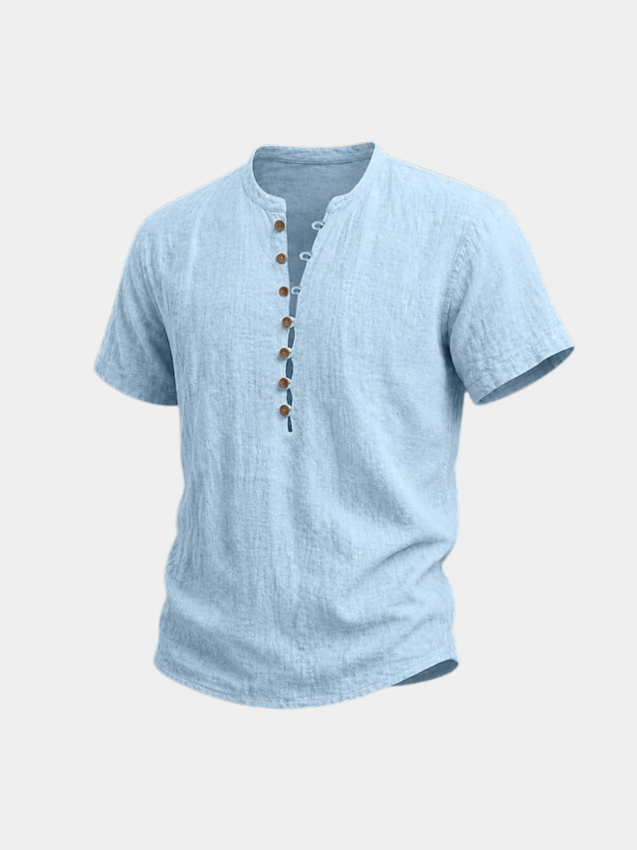 Chemise en lin pour homme à col mao, manches courtes et boutons en bois