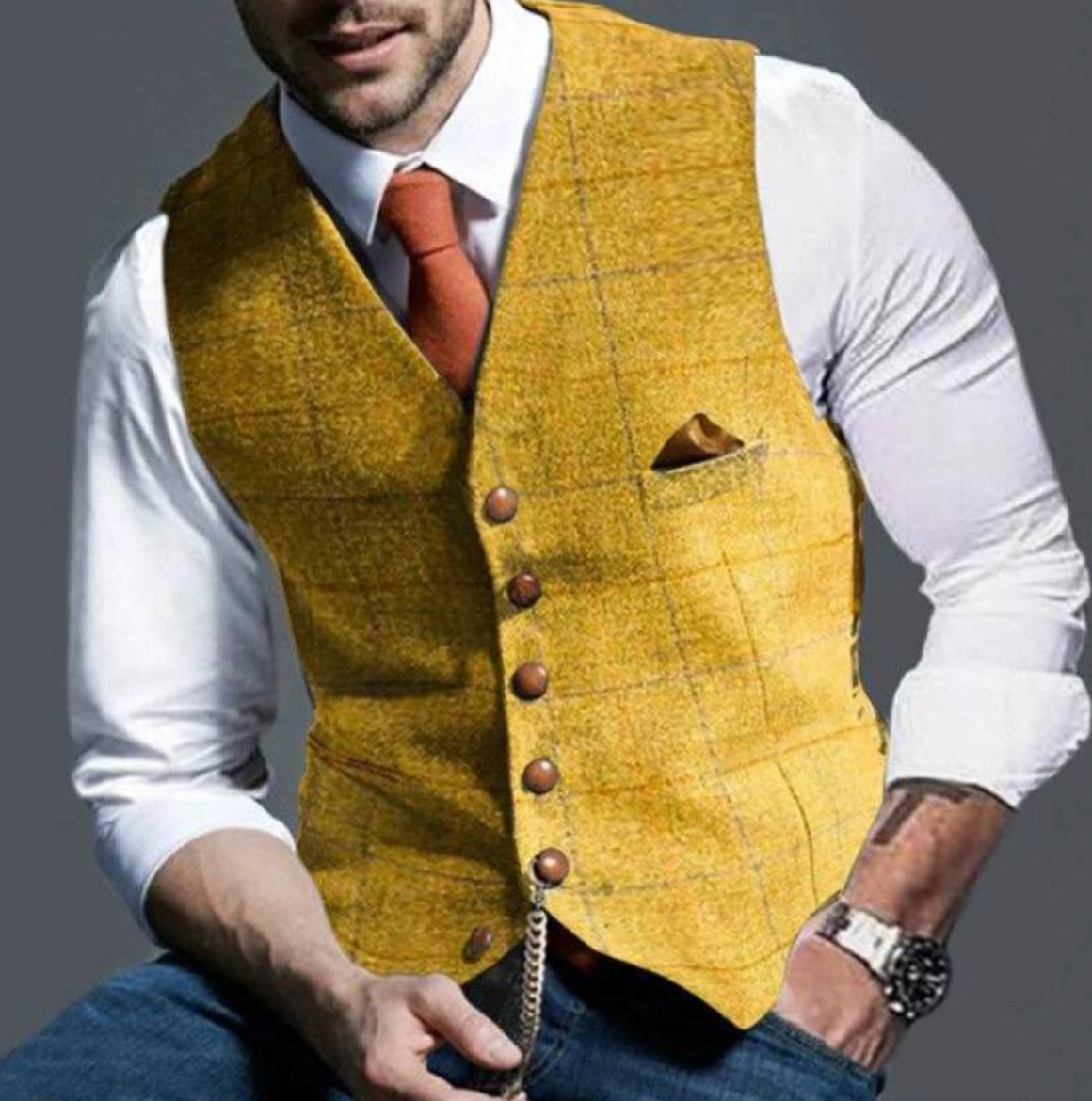 Gilet élégant pour homme à coupe structurée, porté en superposition