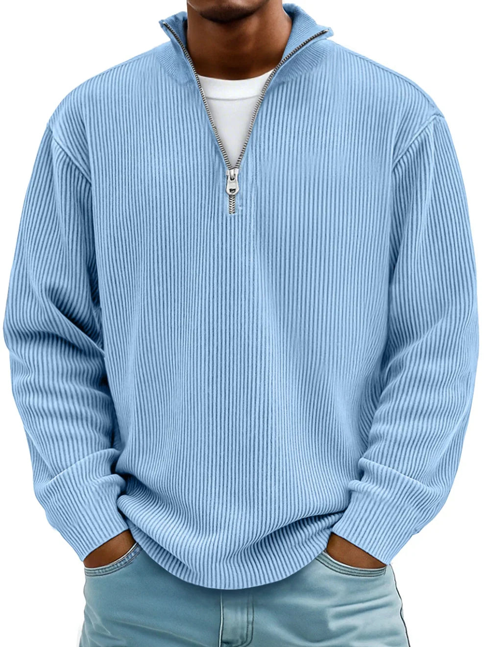Pull demi-zip en maille structurée pour homme, coupe ajustée et col montant