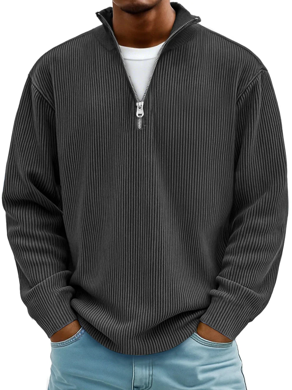 Pull demi-zip en maille structurée pour homme, coupe ajustée et col montant