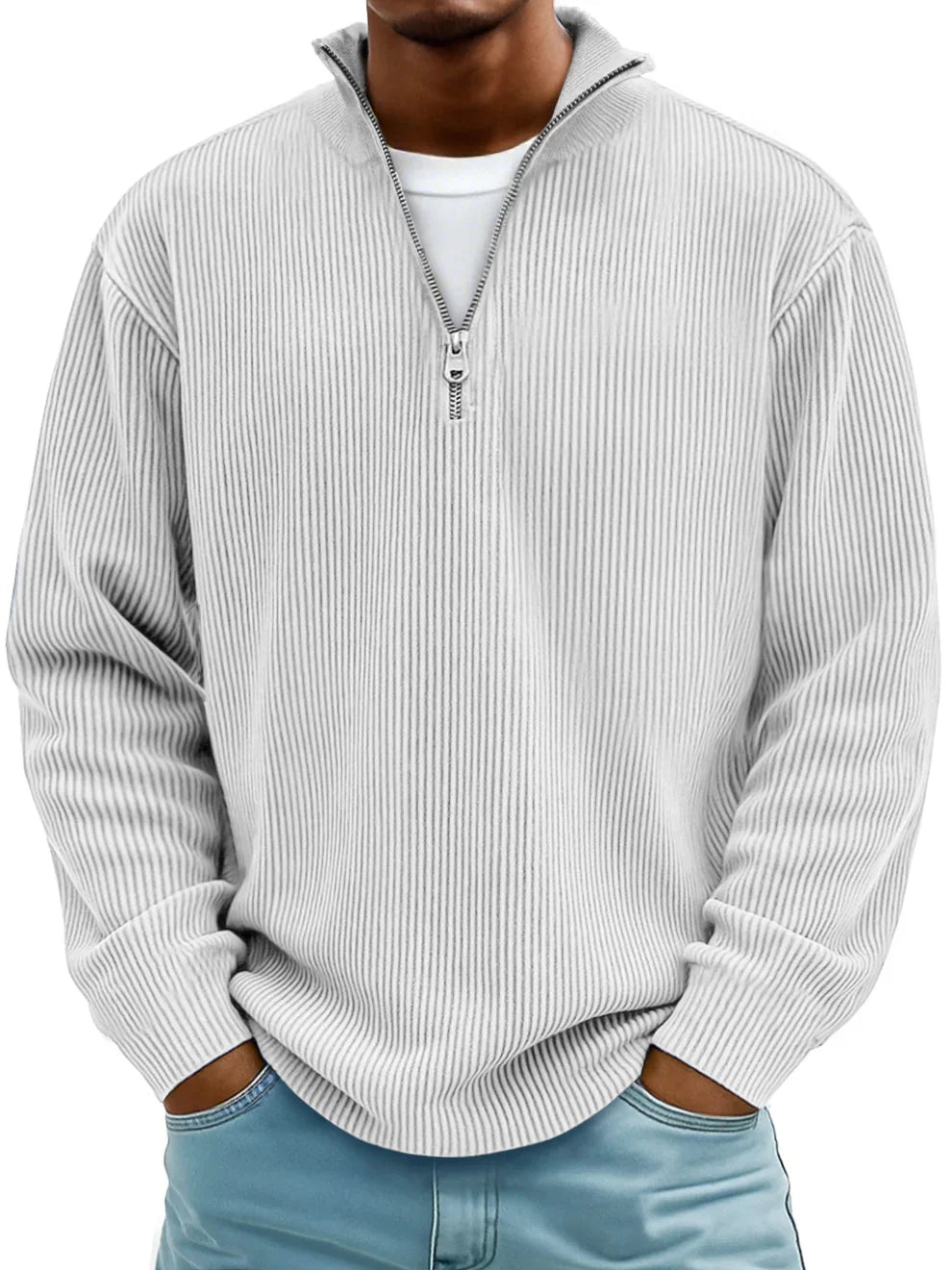 Pull demi-zip en maille structurée pour homme, coupe ajustée et col montant