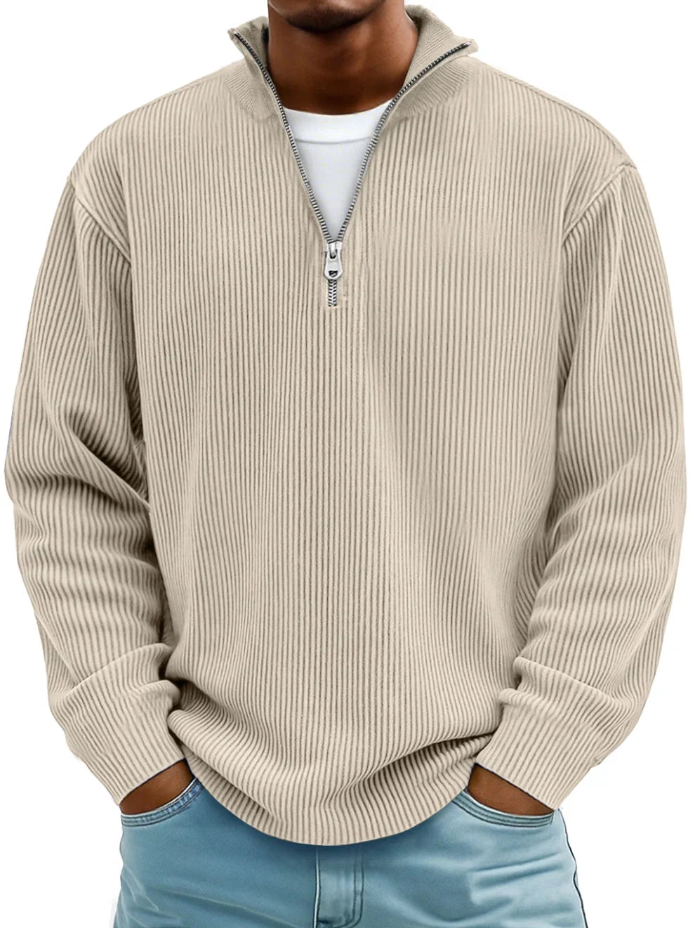 Pull demi-zip en maille structurée pour homme, coupe ajustée et col montant