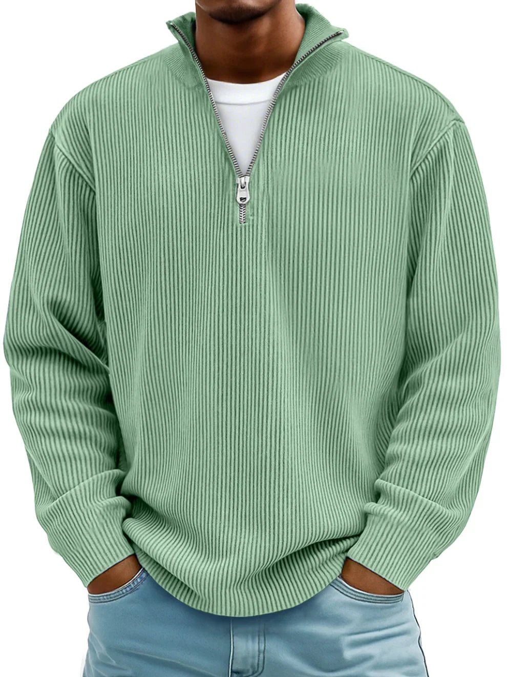 Pull demi-zip en maille structurée pour homme, coupe ajustée et col montant