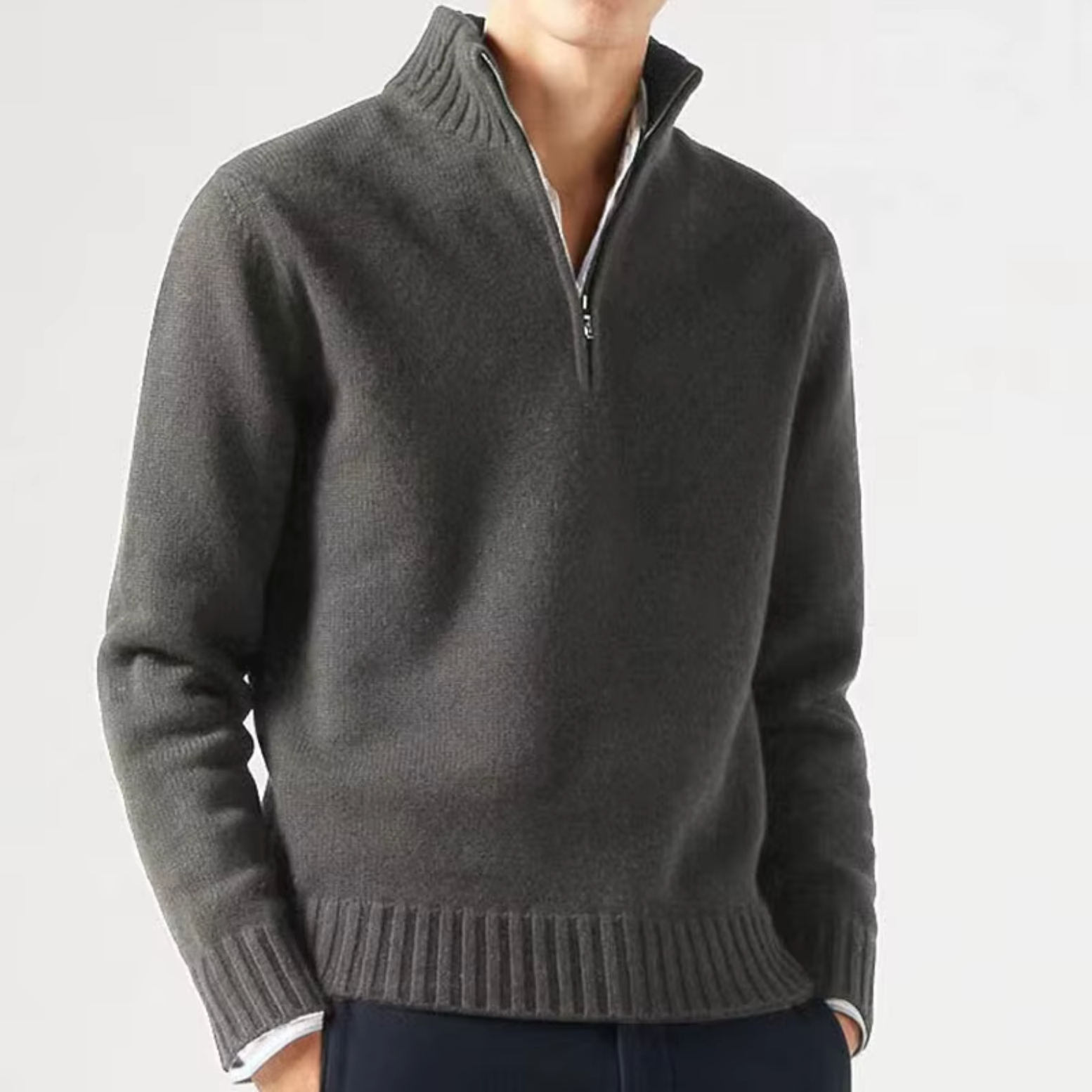 Pull en laine pour homme à col montant et demi-zip, coupe ajustée