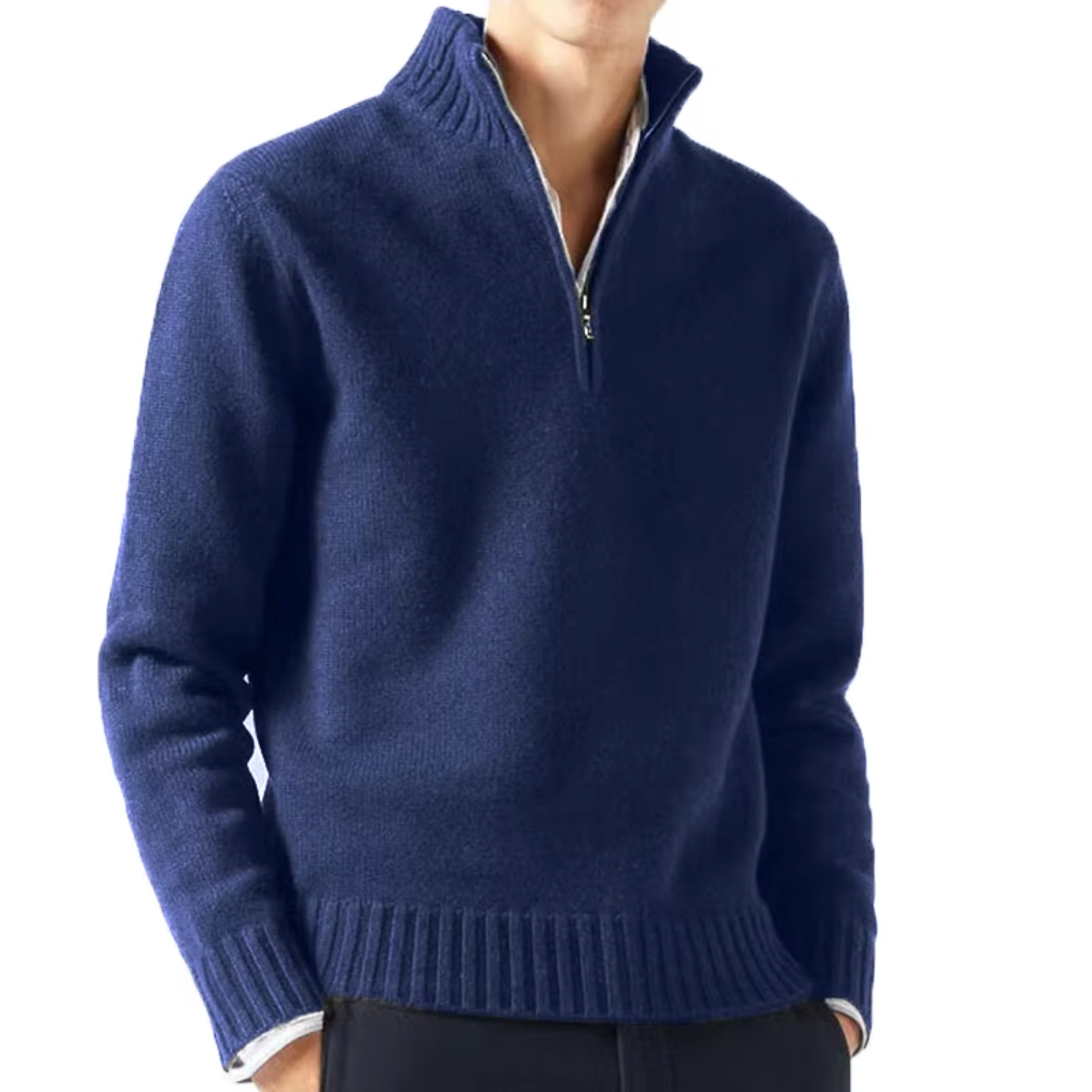 Pull en laine pour homme à col montant et demi-zip, coupe ajustée