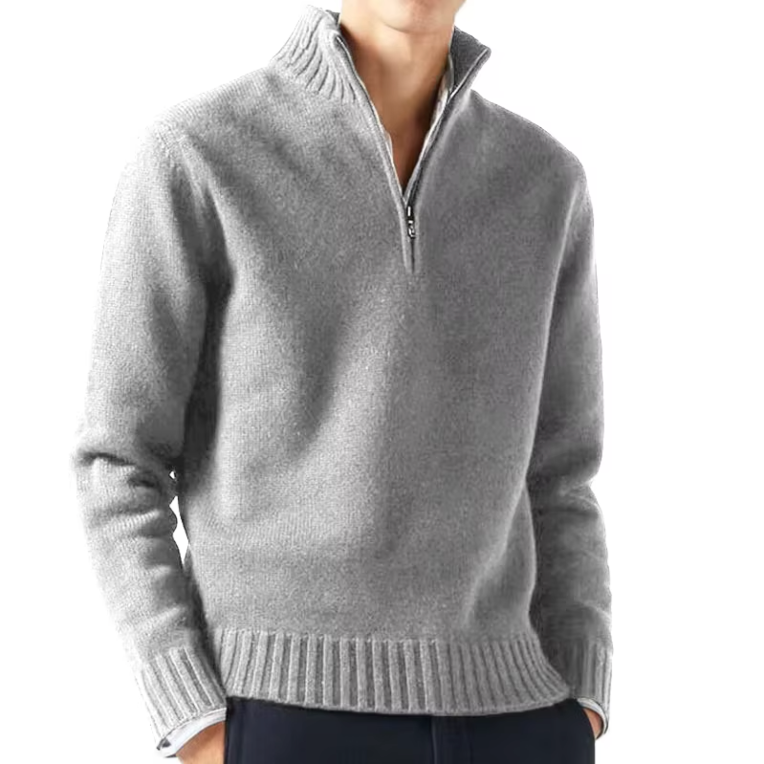 Pull en laine pour homme à col montant et demi-zip, coupe ajustée
