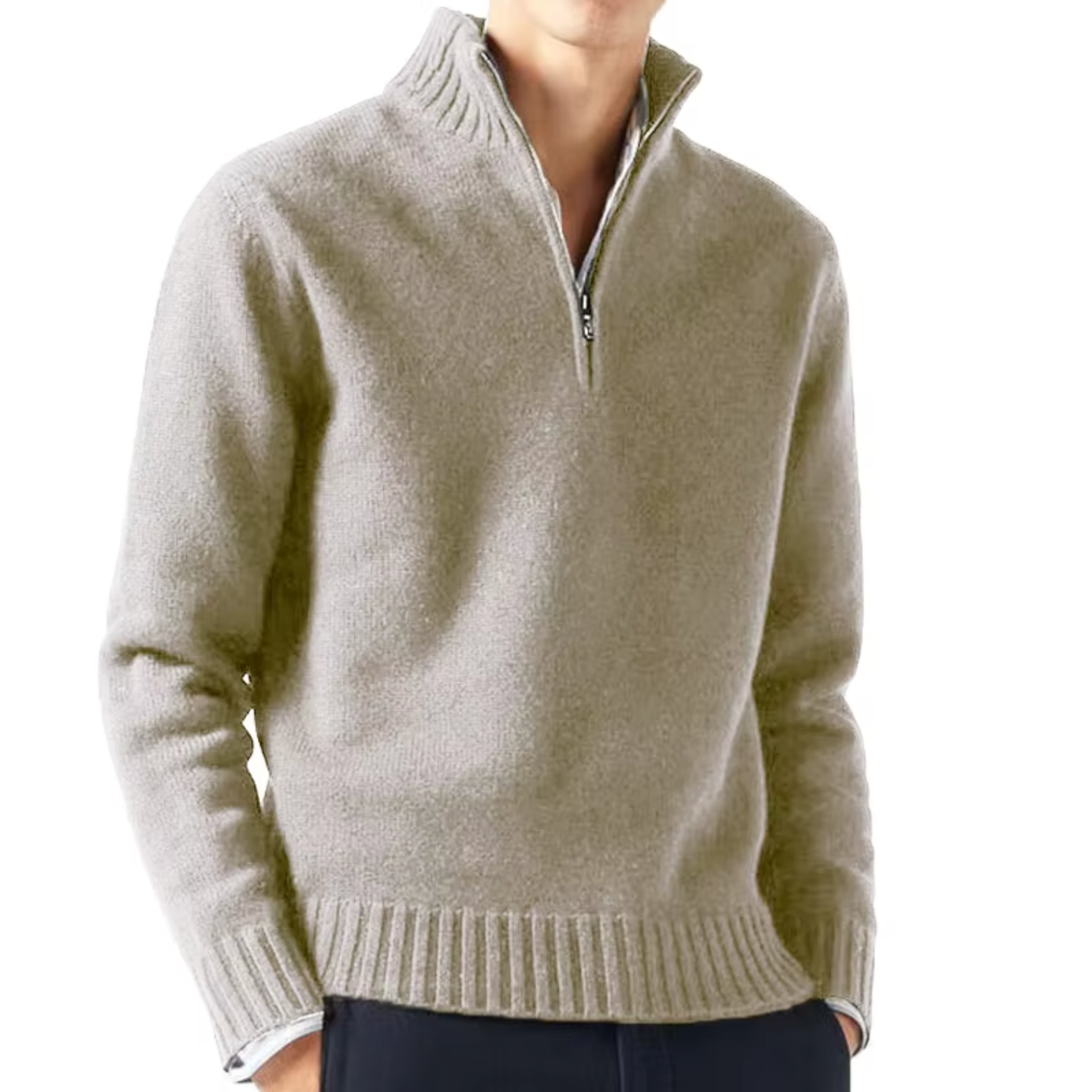 Pull en laine pour homme à col montant et demi-zip, coupe ajustée