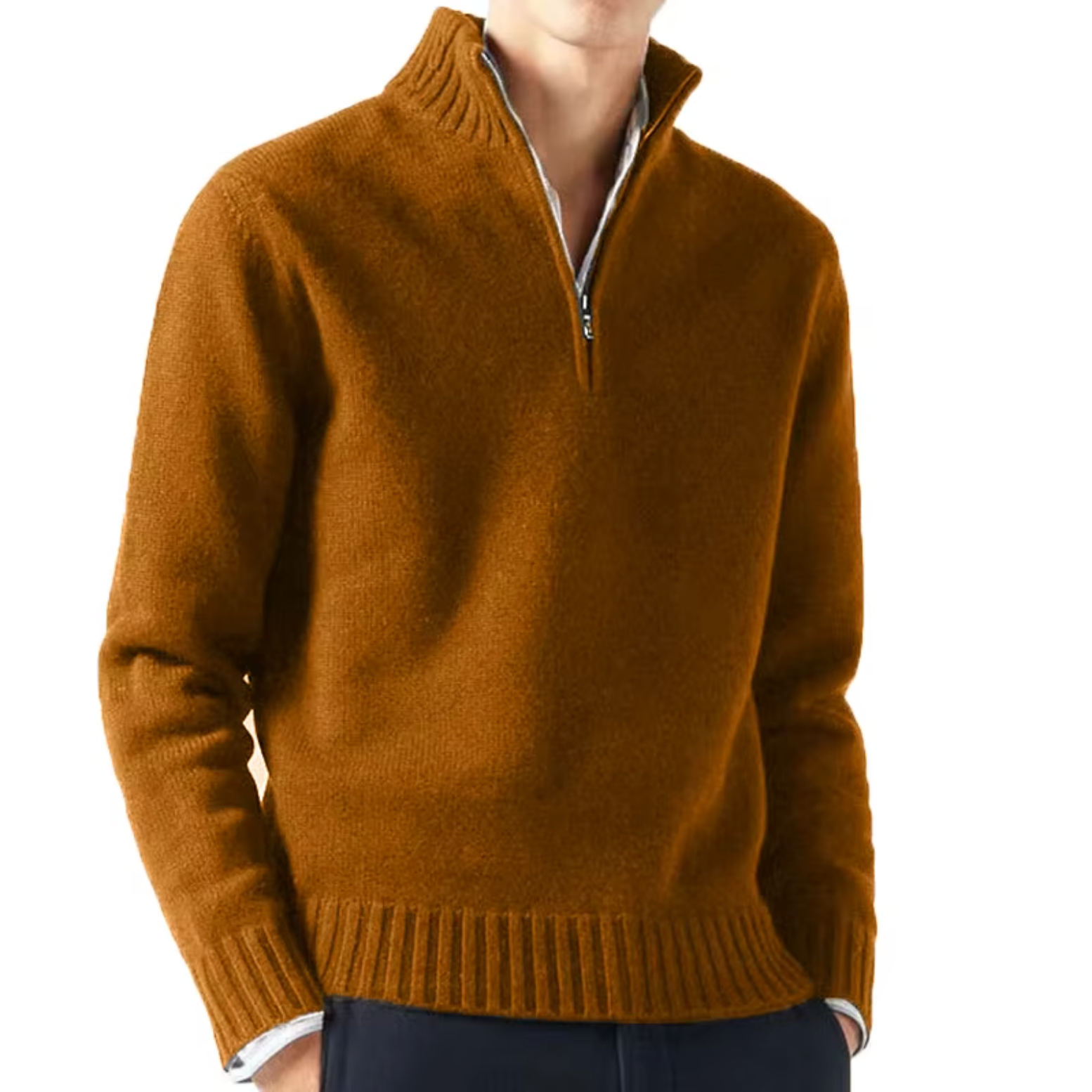 Pull en laine pour homme à col montant et demi-zip, coupe ajustée