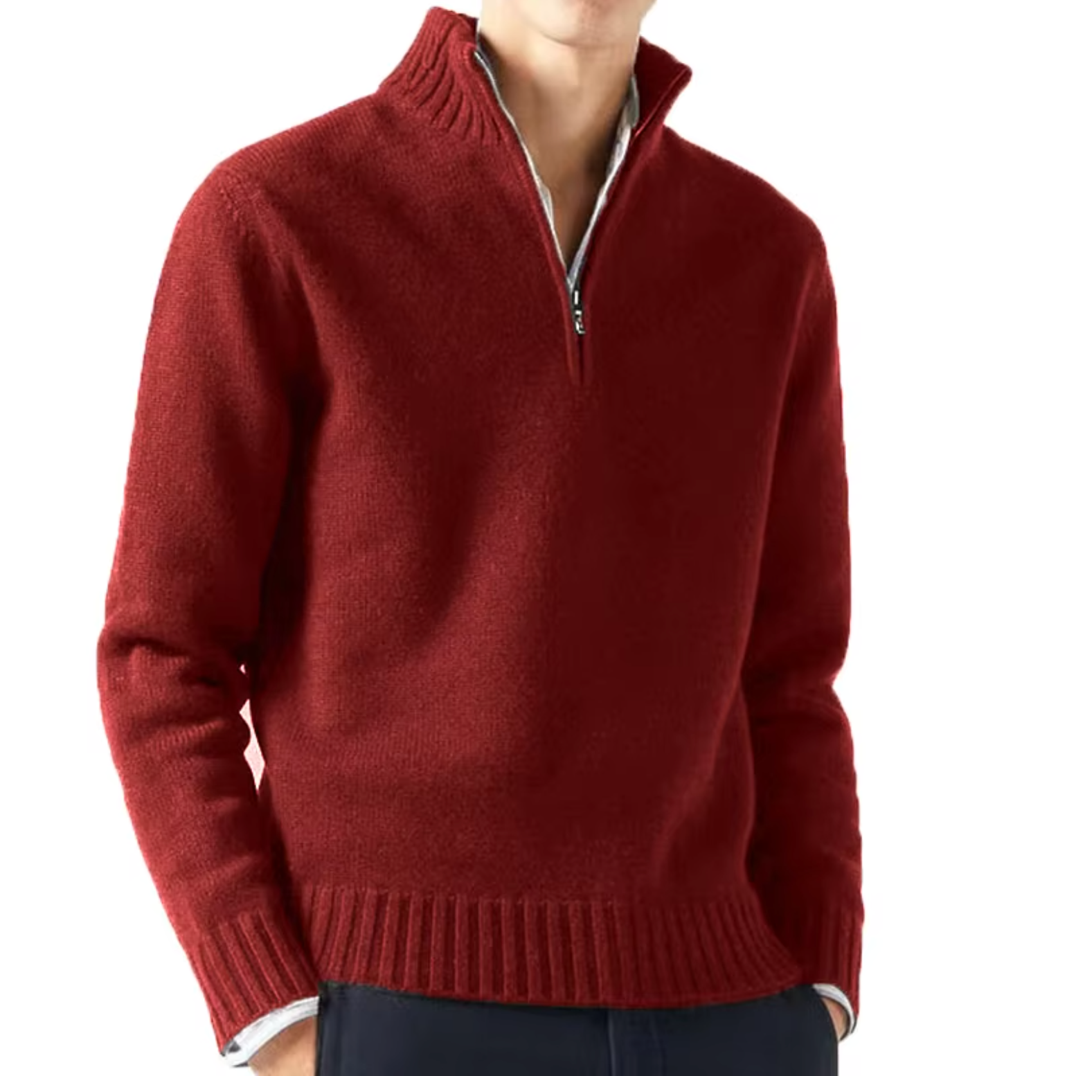 Pull en laine pour homme à col montant et demi-zip, coupe ajustée