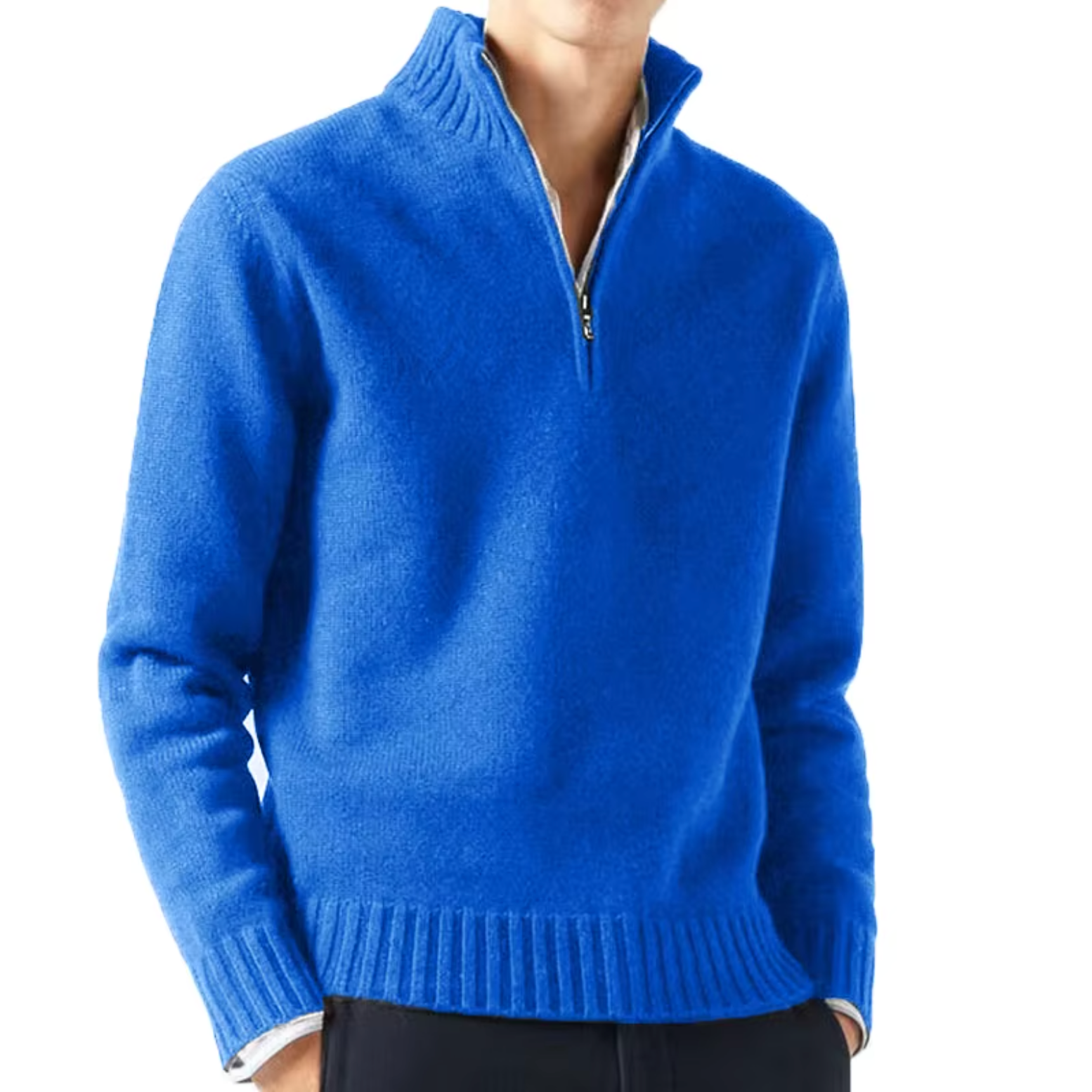 Pull en laine pour homme à col montant et demi-zip, coupe ajustée