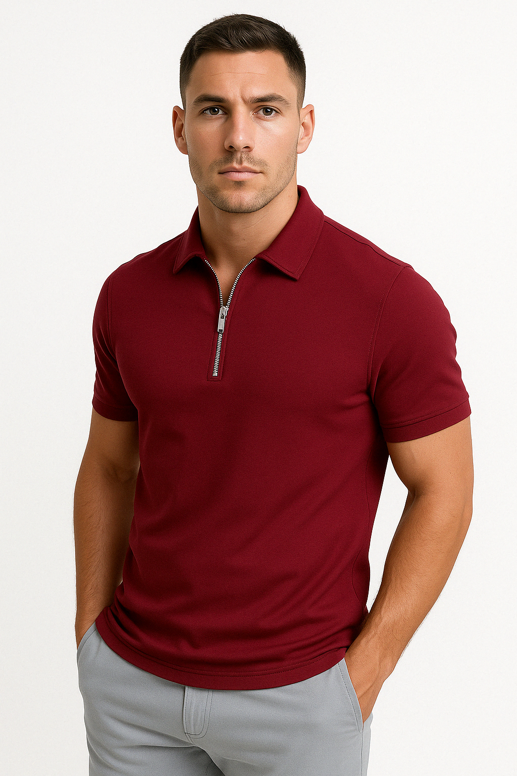 Polo homme à zip mi-haut coupe slim en tissu doux