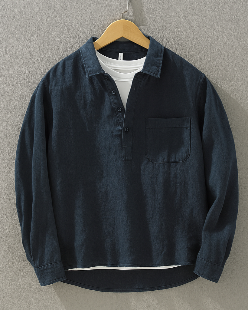 Chemise popover en coton-lin pour homme à finition lavée, col ouvert et ourlet incurvé