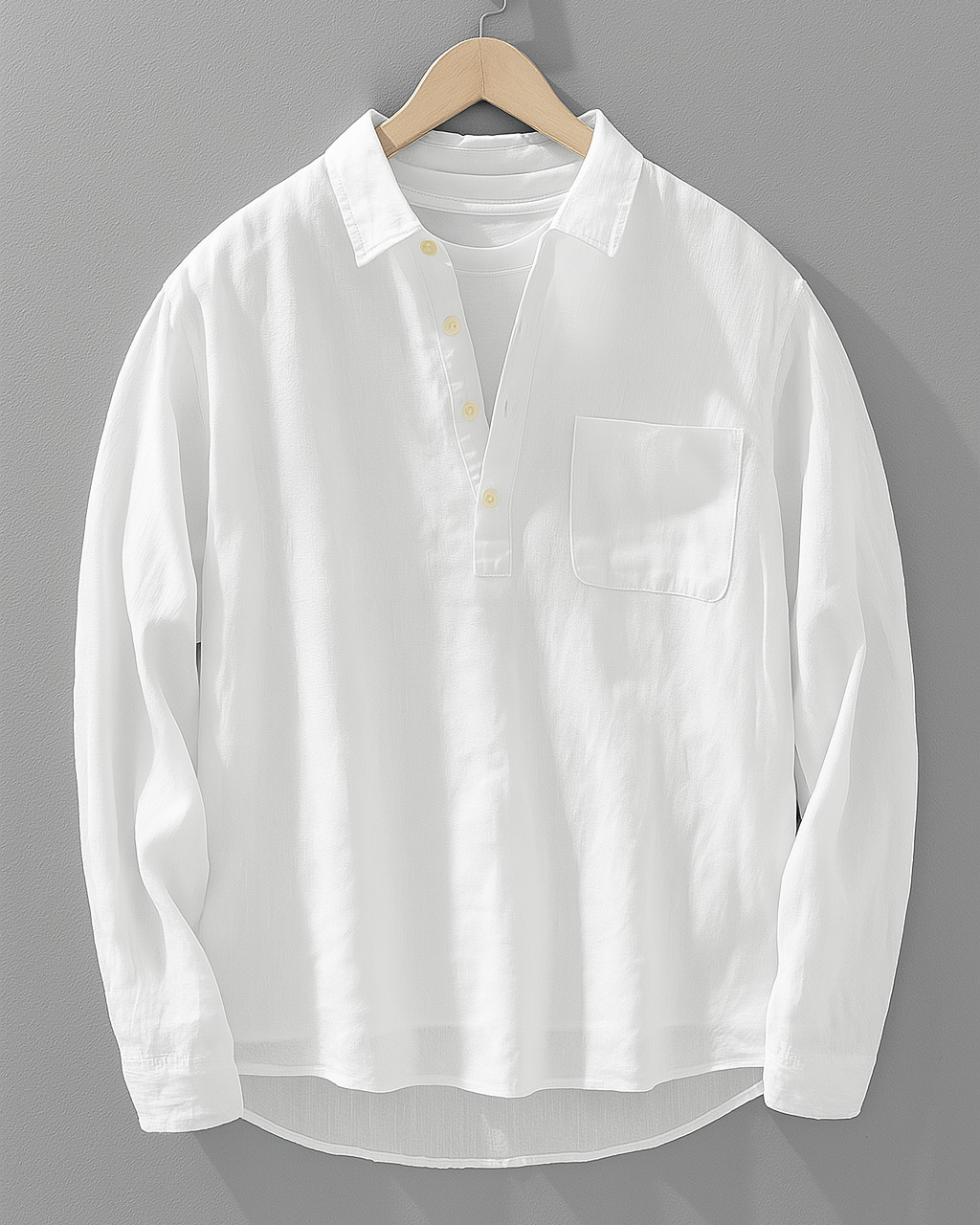 Chemise popover en coton-lin pour homme à finition lavée, col ouvert et ourlet incurvé