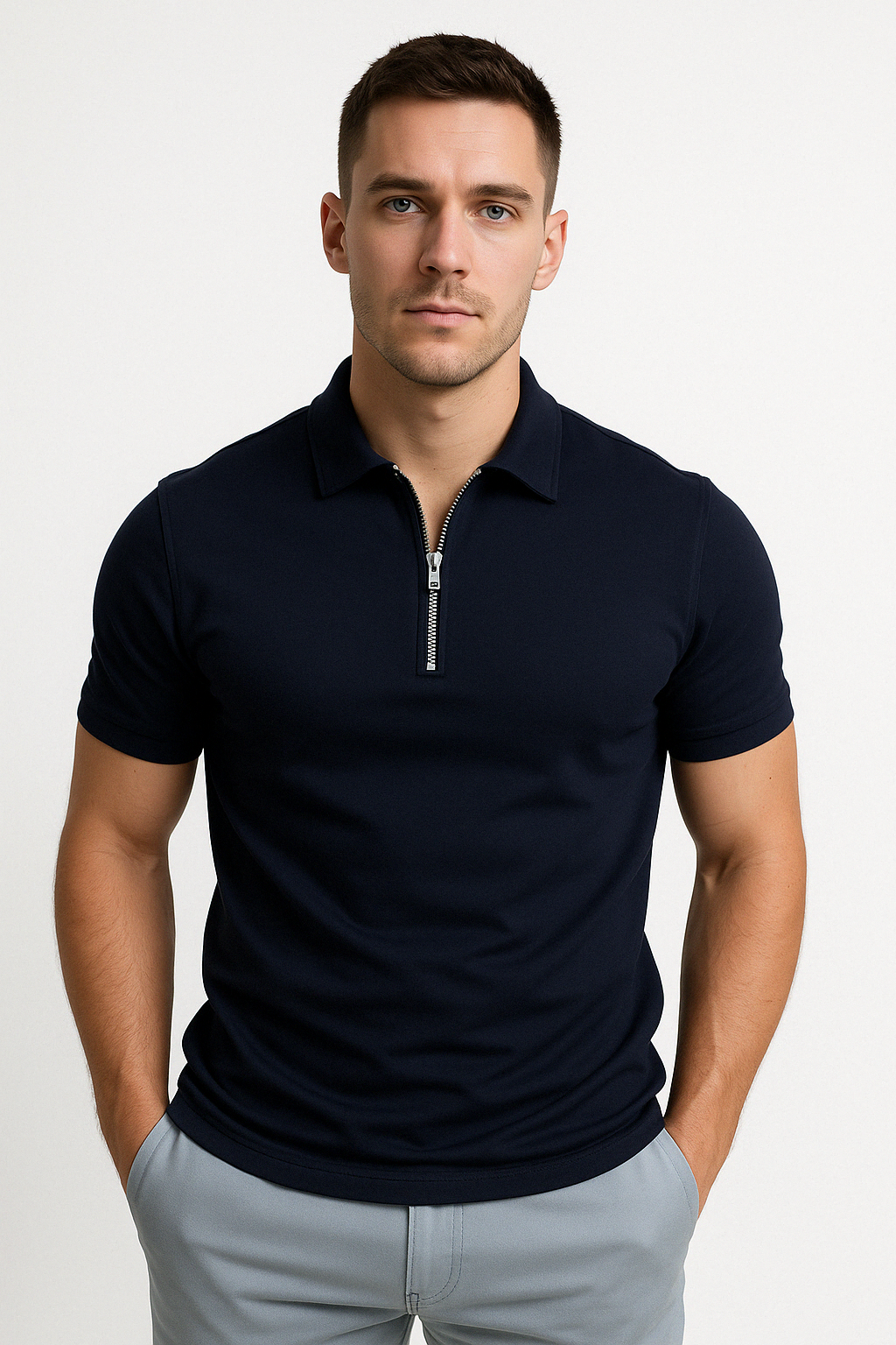 Polo homme à zip mi-haut coupe slim en tissu doux