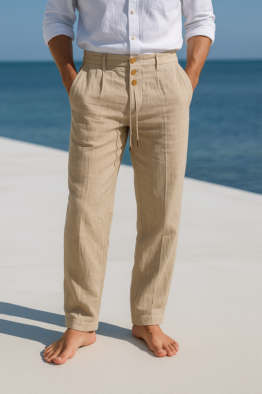 Pantalon d'été en lin léger pour homme, coupe confortable à taille réglable