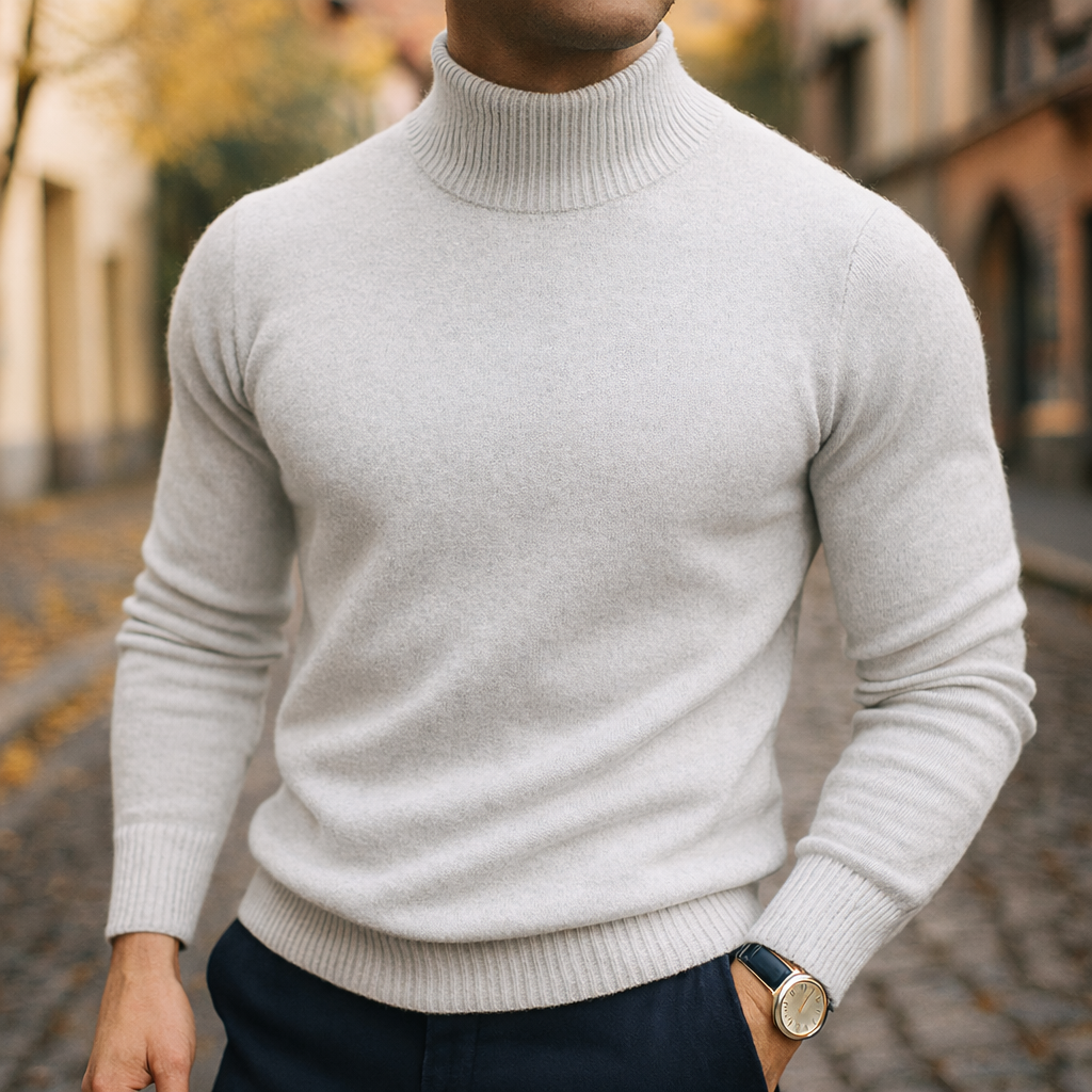 Pull en laine à col semi-montant pour homme, coupe moderne et maille fine