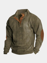 Pull rétro pour homme à col semi-zippé, texture côtelée et coudières contrastantes