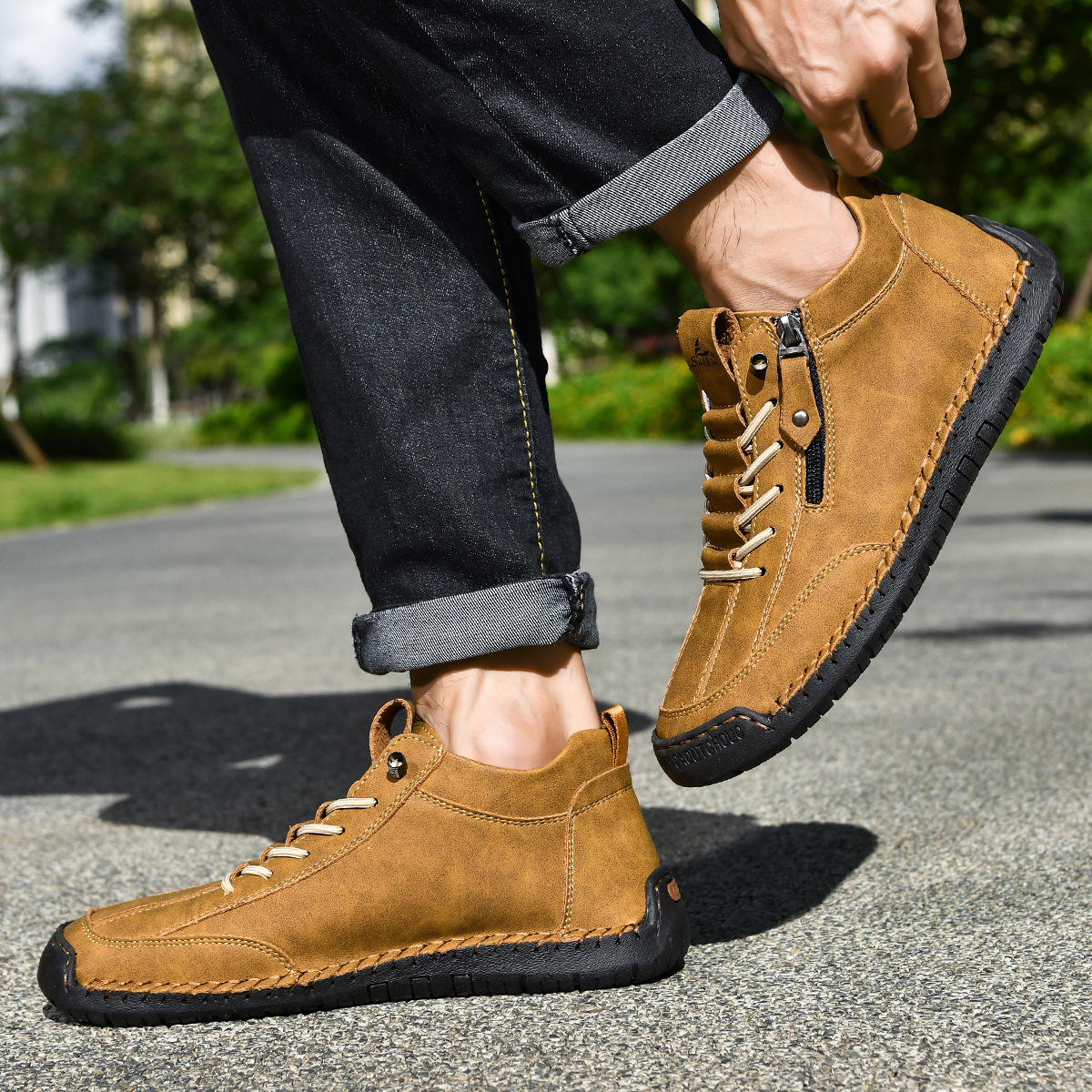 Chaussures en nubuck pour homme avec fermeture éclair latérale et semelle en caoutchouc