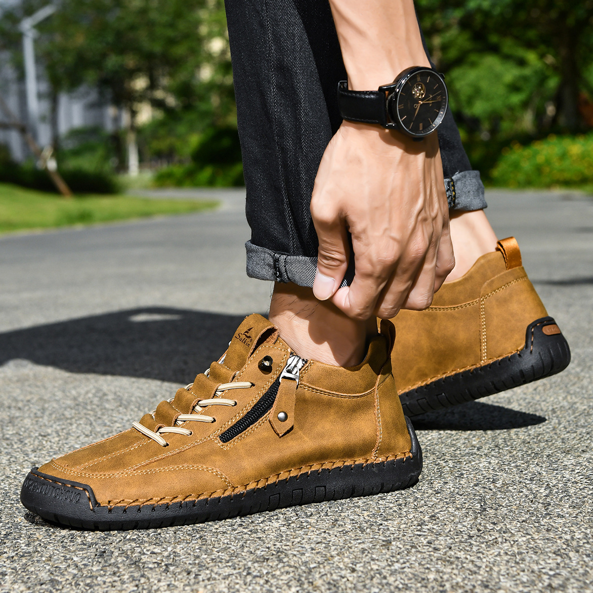 Chaussures en nubuck pour homme avec fermeture éclair latérale et semelle en caoutchouc