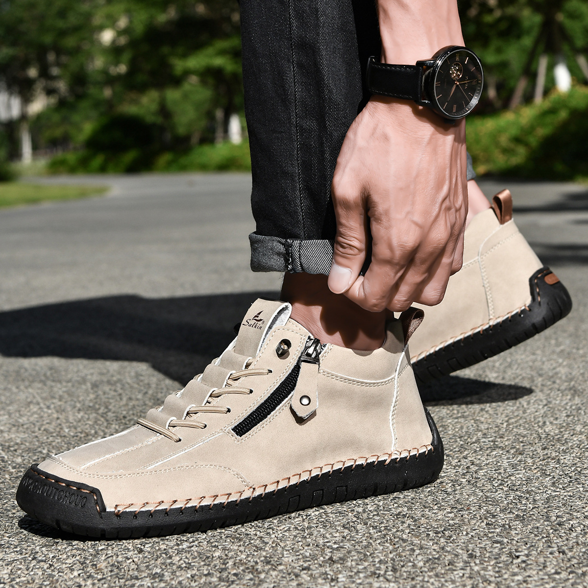 Chaussures en nubuck pour homme avec fermeture éclair latérale et semelle en caoutchouc