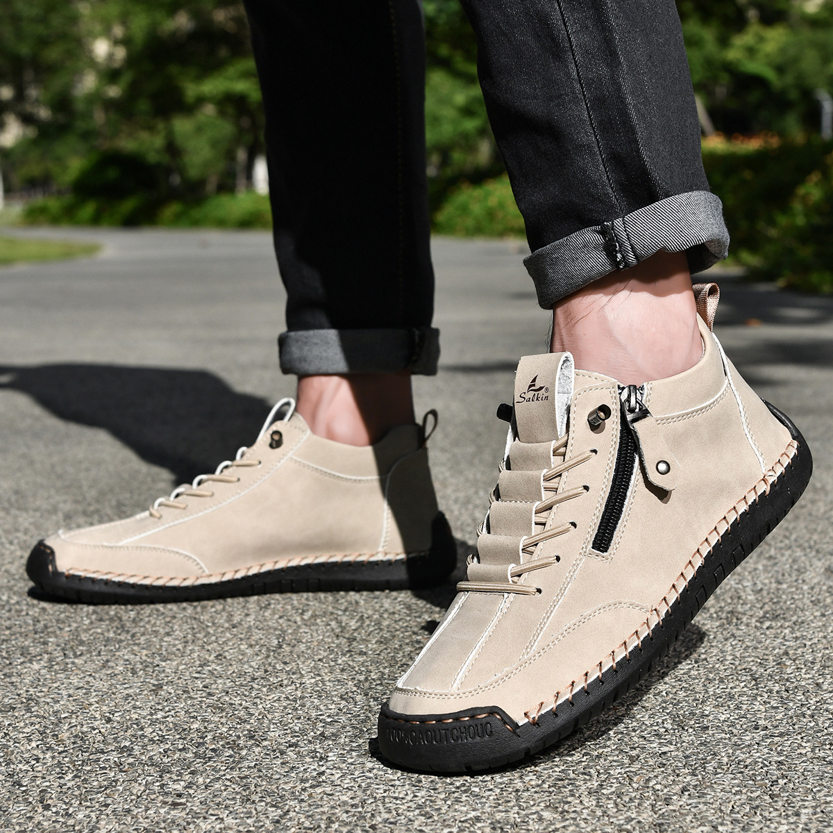 Chaussures en nubuck pour homme avec fermeture éclair latérale et semelle en caoutchouc
