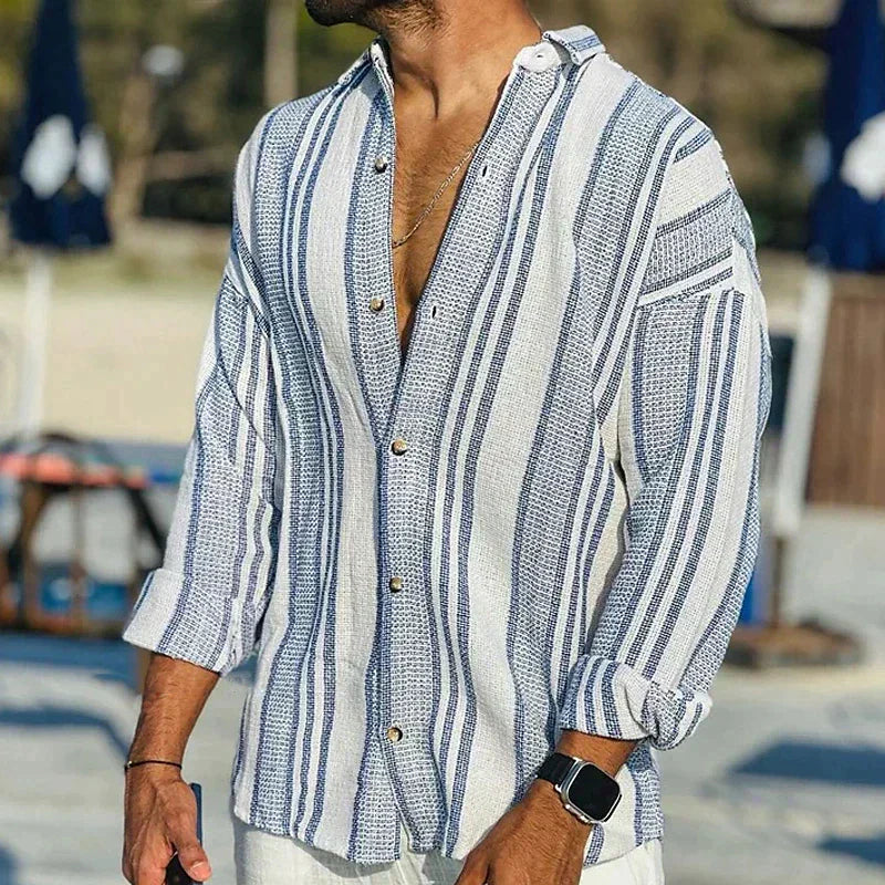 Chemise en lin rayée pour homme à fines rayures, coupe élégante et respirante