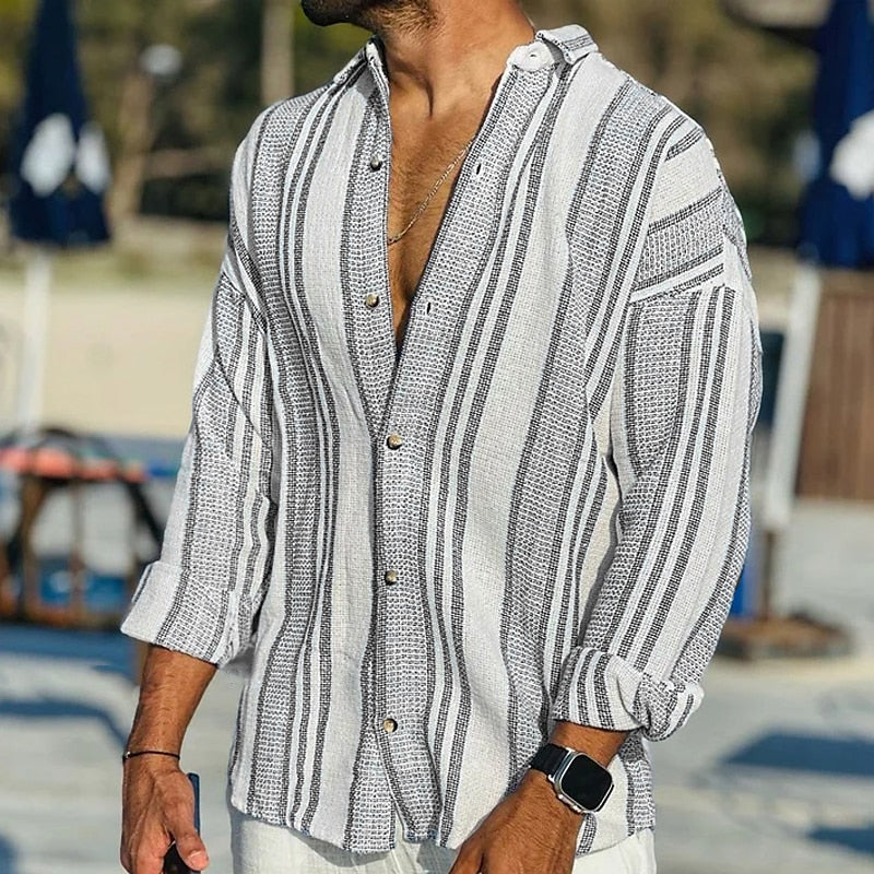 Chemise en lin rayée pour homme à fines rayures, coupe élégante et respirante