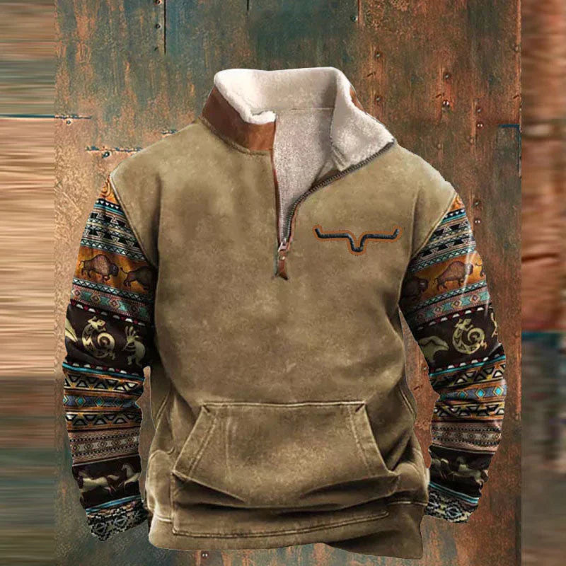 Pull demi-zip pour homme à doublure peluche avec poche ventrale, tons neutres