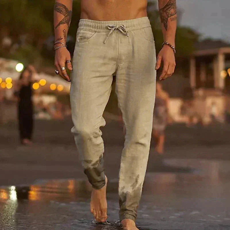 Pantalon de plage en lin pour homme à coupe décontractée et ceinture élastique