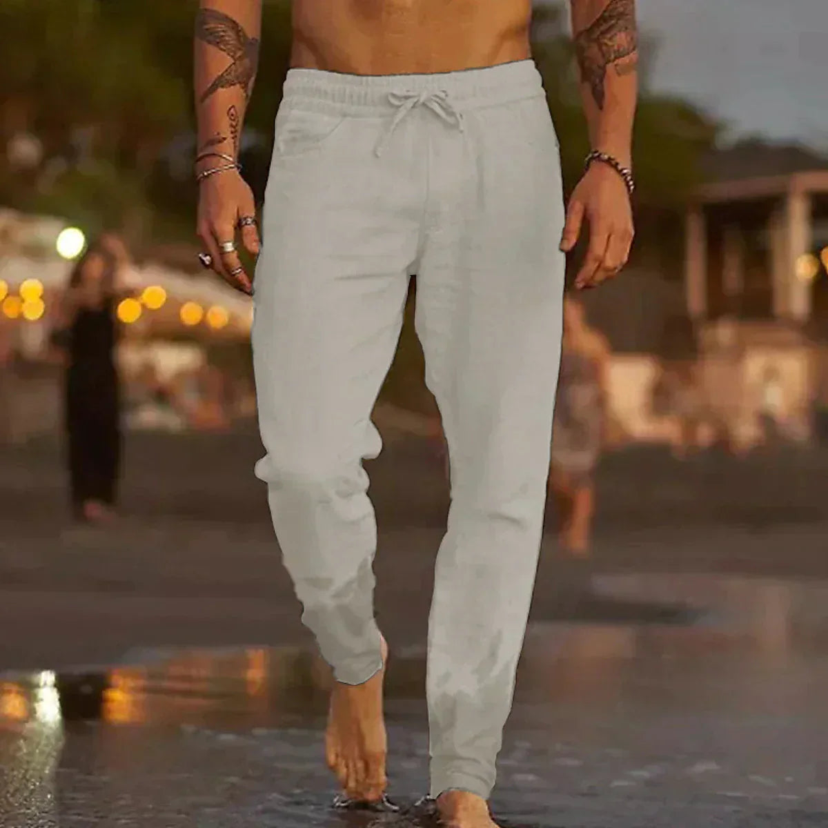 Pantalon de plage en lin pour homme à coupe décontractée et ceinture élastique