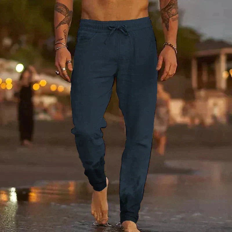 Pantalon de plage en lin pour homme à coupe décontractée et ceinture élastique