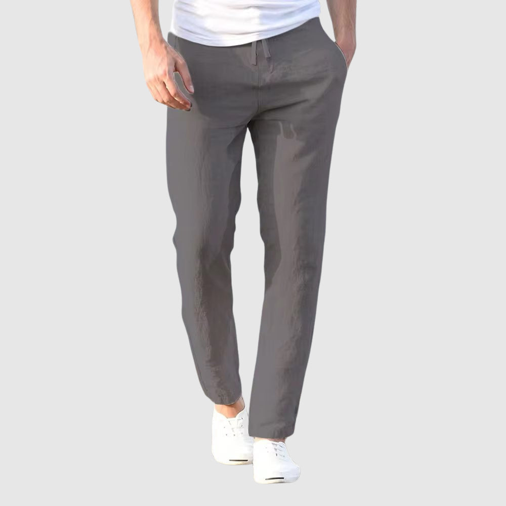 Pantalon léger en lin et coton pour homme, coupe décontractée avec taille à cordon
