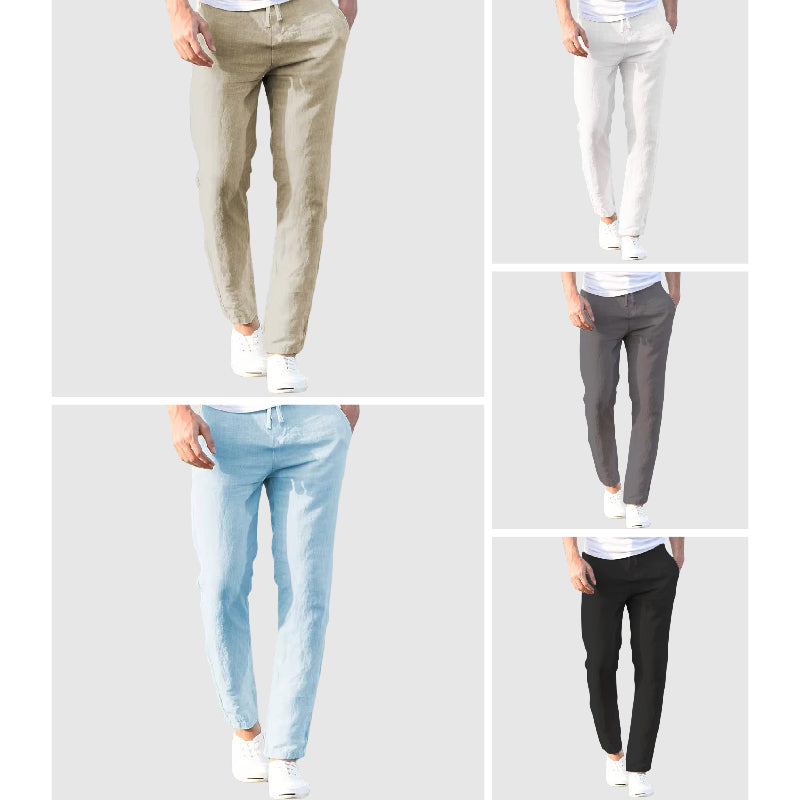 Pantalon léger en lin et coton pour homme, coupe décontractée avec taille à cordon