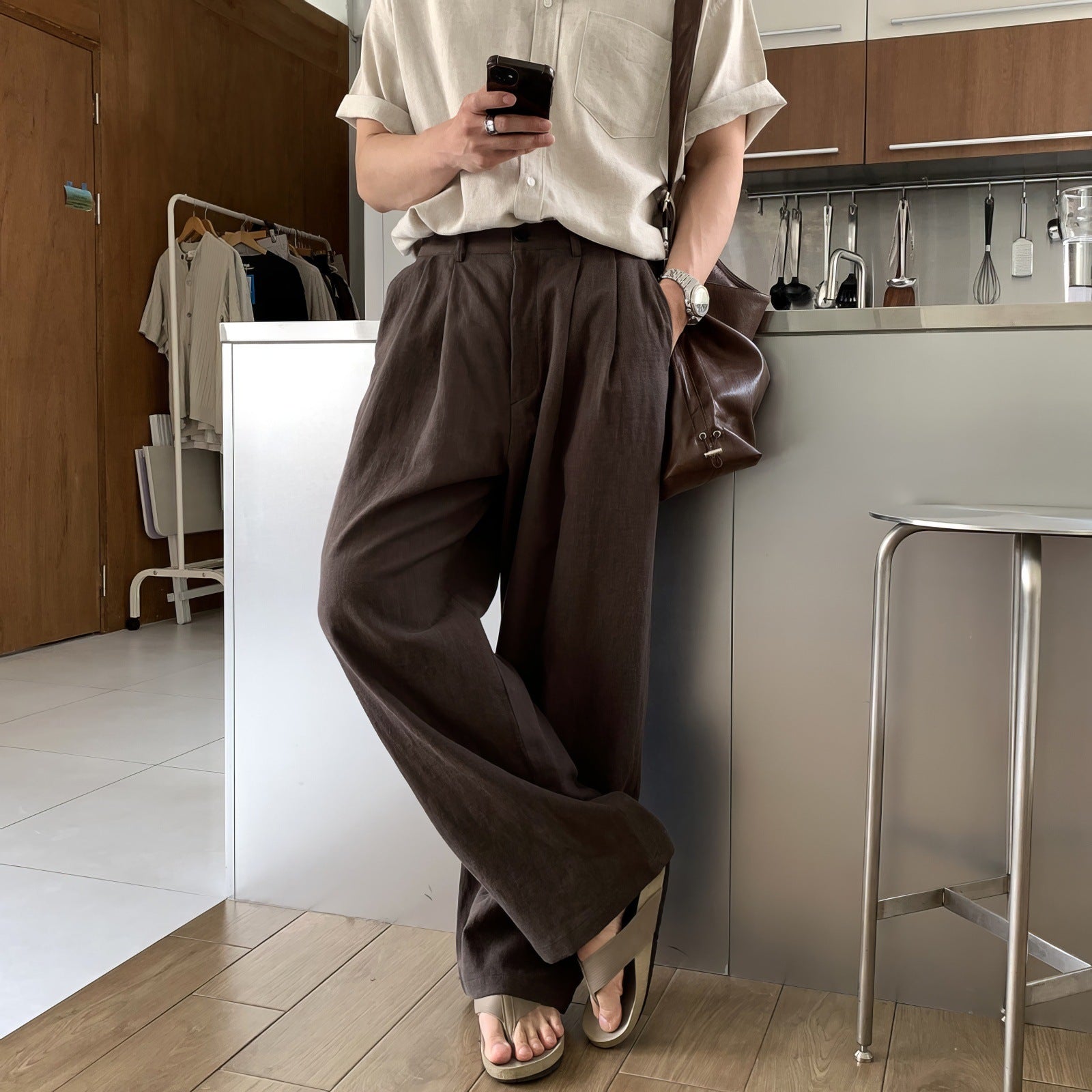 Pantalon en lin à jambes larges pour homme, coupe ample et fluide