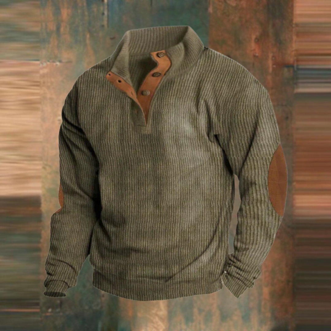Pull rétro pour homme à col semi-zippé, texture côtelée et coudières contrastantes