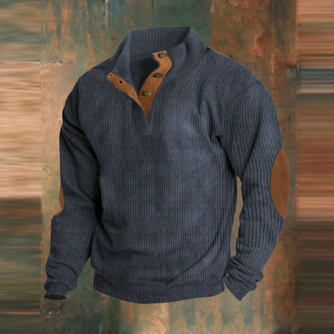 Pull rétro pour homme à col semi-zippé, texture côtelée et coudières contrastantes