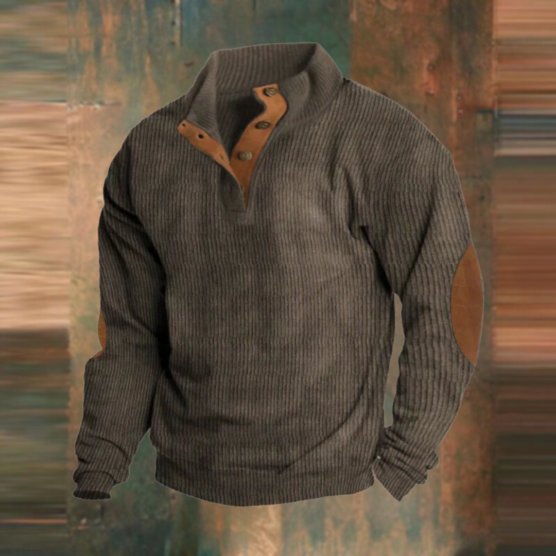 Pull rétro pour homme à col semi-zippé, texture côtelée et coudières contrastantes