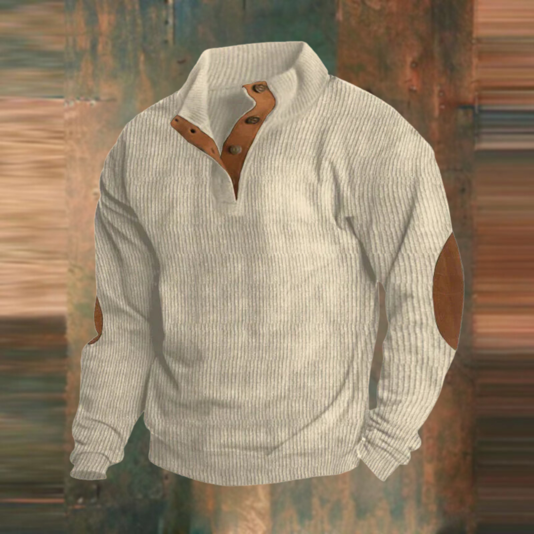 Pull rétro pour homme à col semi-zippé, texture côtelée et coudières contrastantes