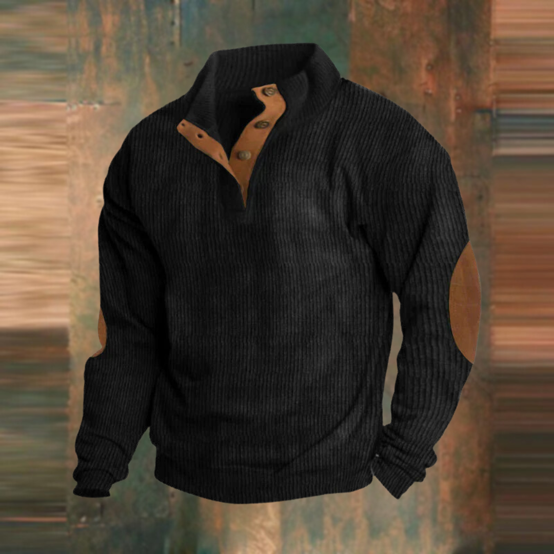 Pull rétro pour homme à col semi-zippé, texture côtelée et coudières contrastantes
