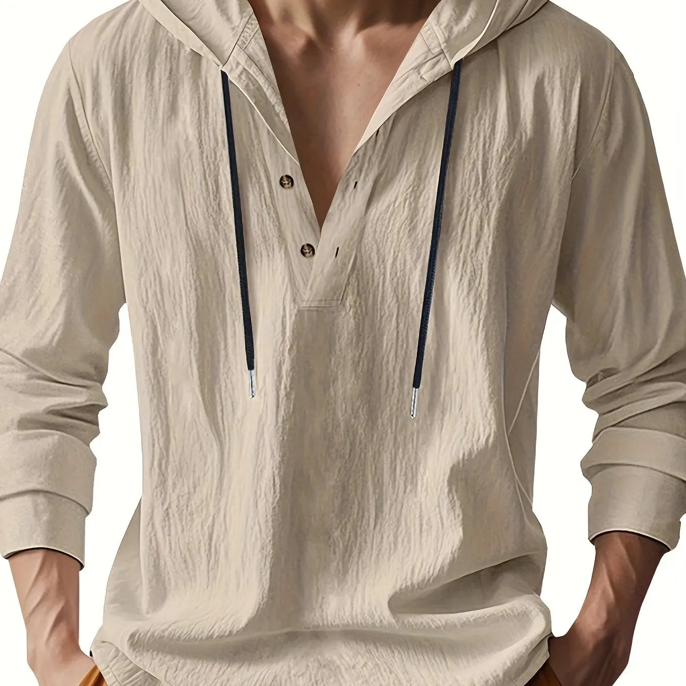 Chemise henley en lin à capuche pour homme, coupe décontractée avec col boutonné