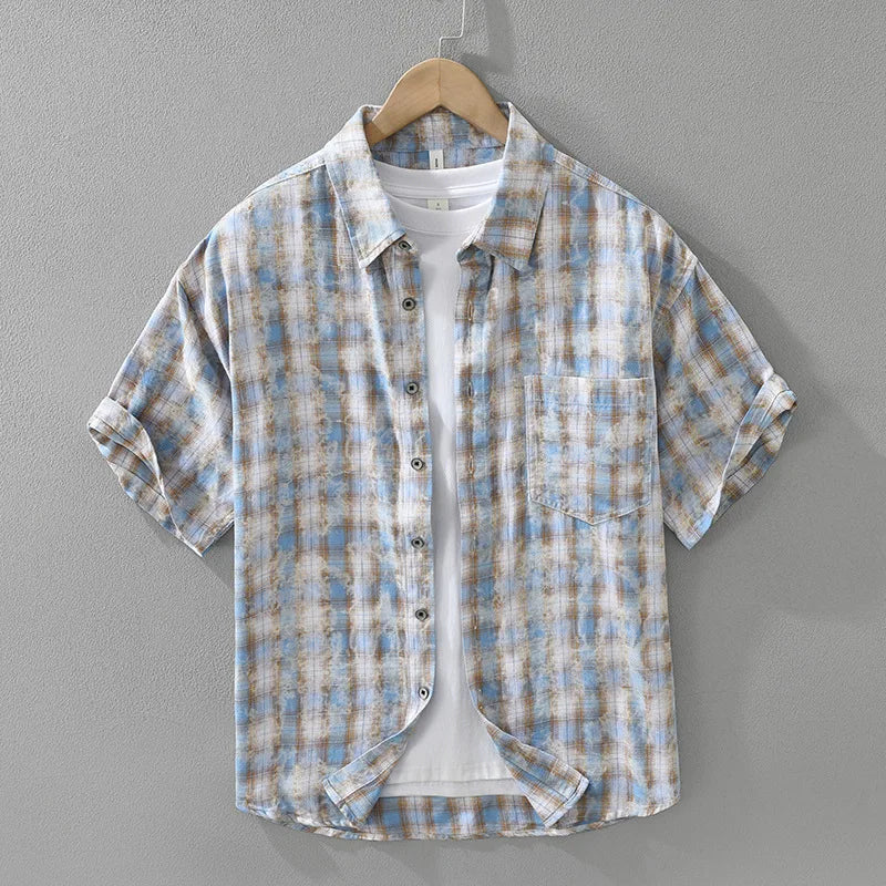Chemise à carreaux rétro en coton pour homme, col boutonné et manches courtes