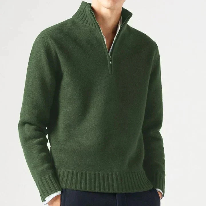 Pull en laine pour homme à col montant et demi-zip, coupe ajustée