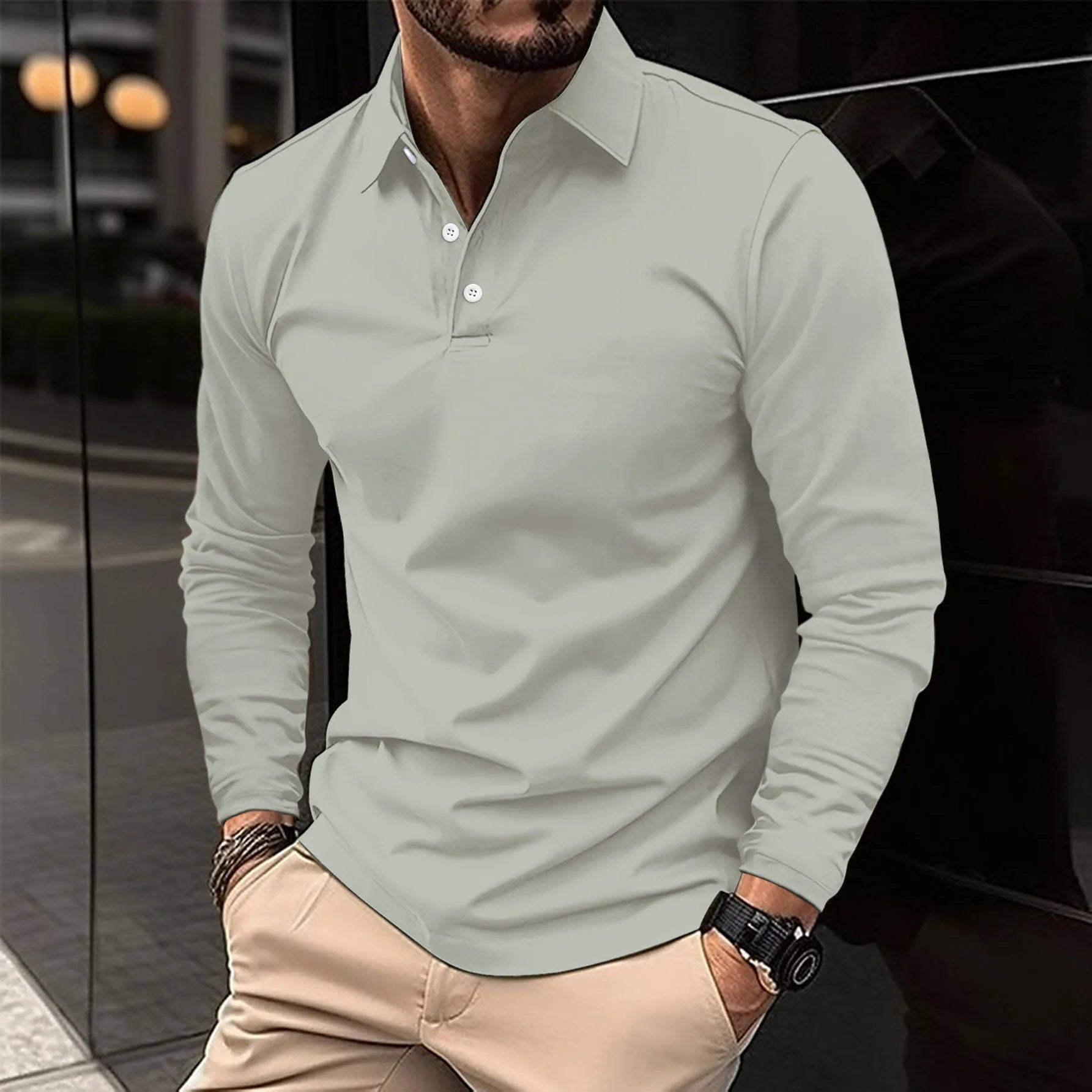 Polo à manches longues pour homme avec col boutonné et coupe ajustée