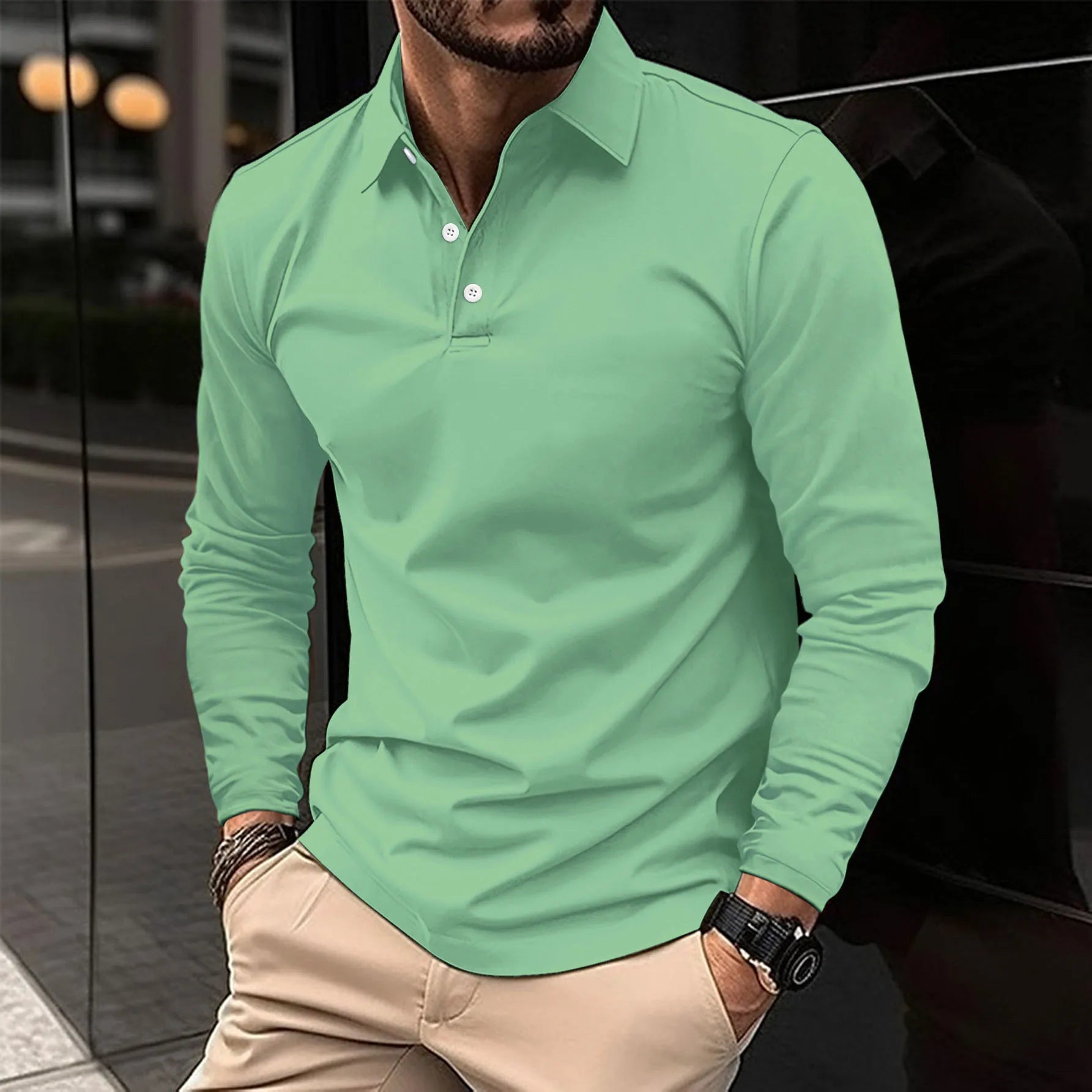 Polo à manches longues pour homme avec col boutonné et coupe ajustée